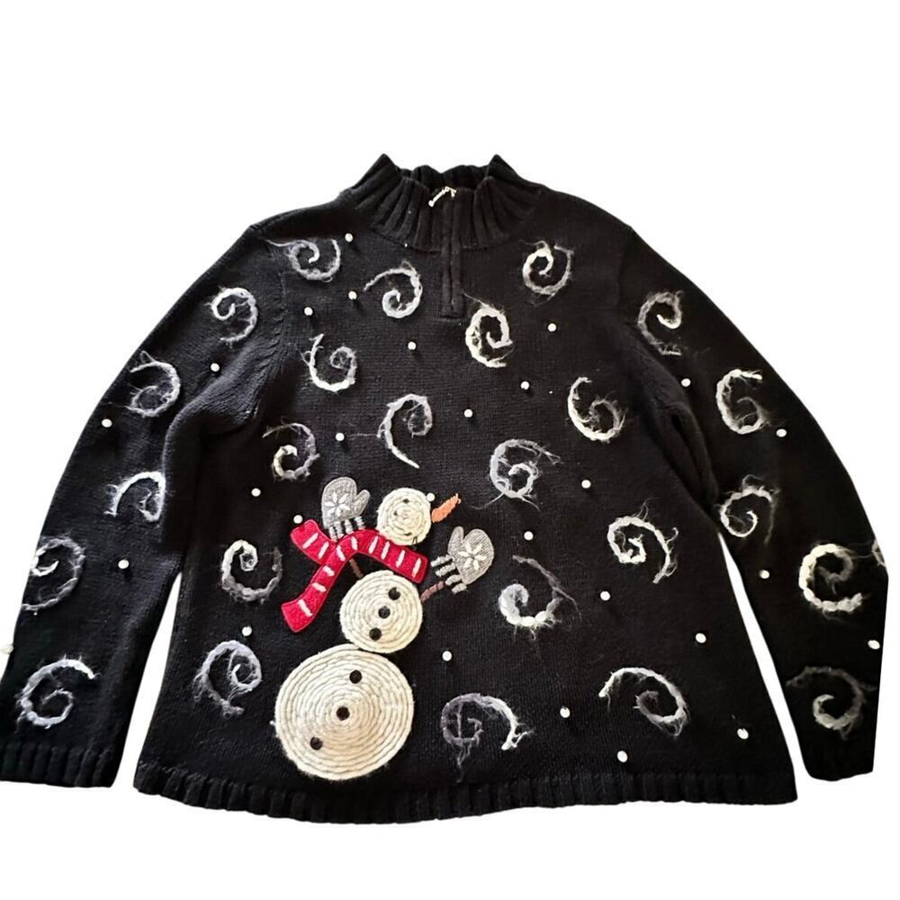 Vintage Timberlea Black Christmas Snowman Pearl Swirl Whimsical Sweater Size L